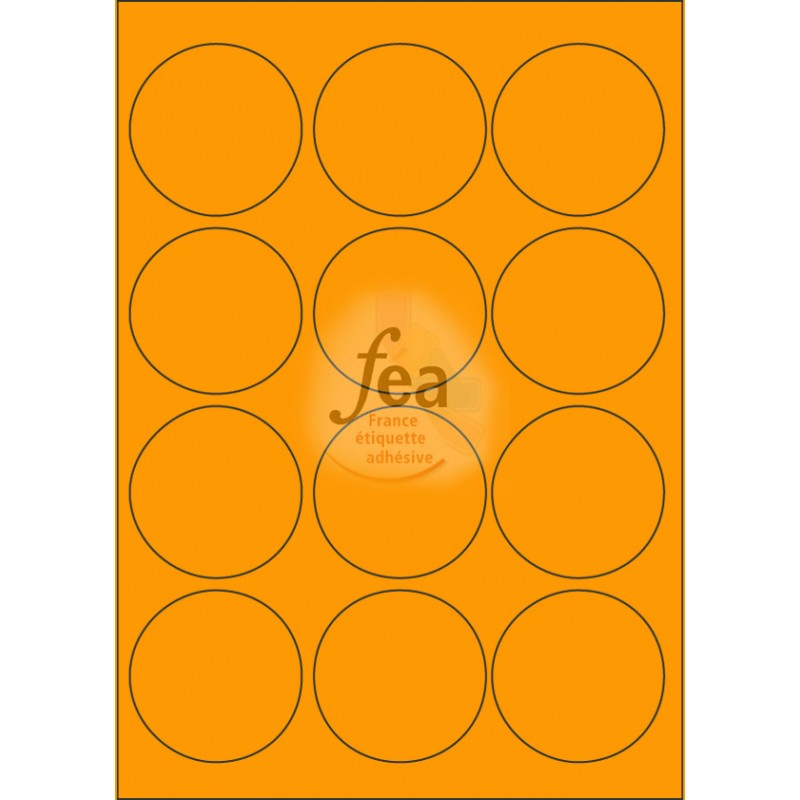 planche A4 24 étiquette autocollante fluo orange ronde 40 mm